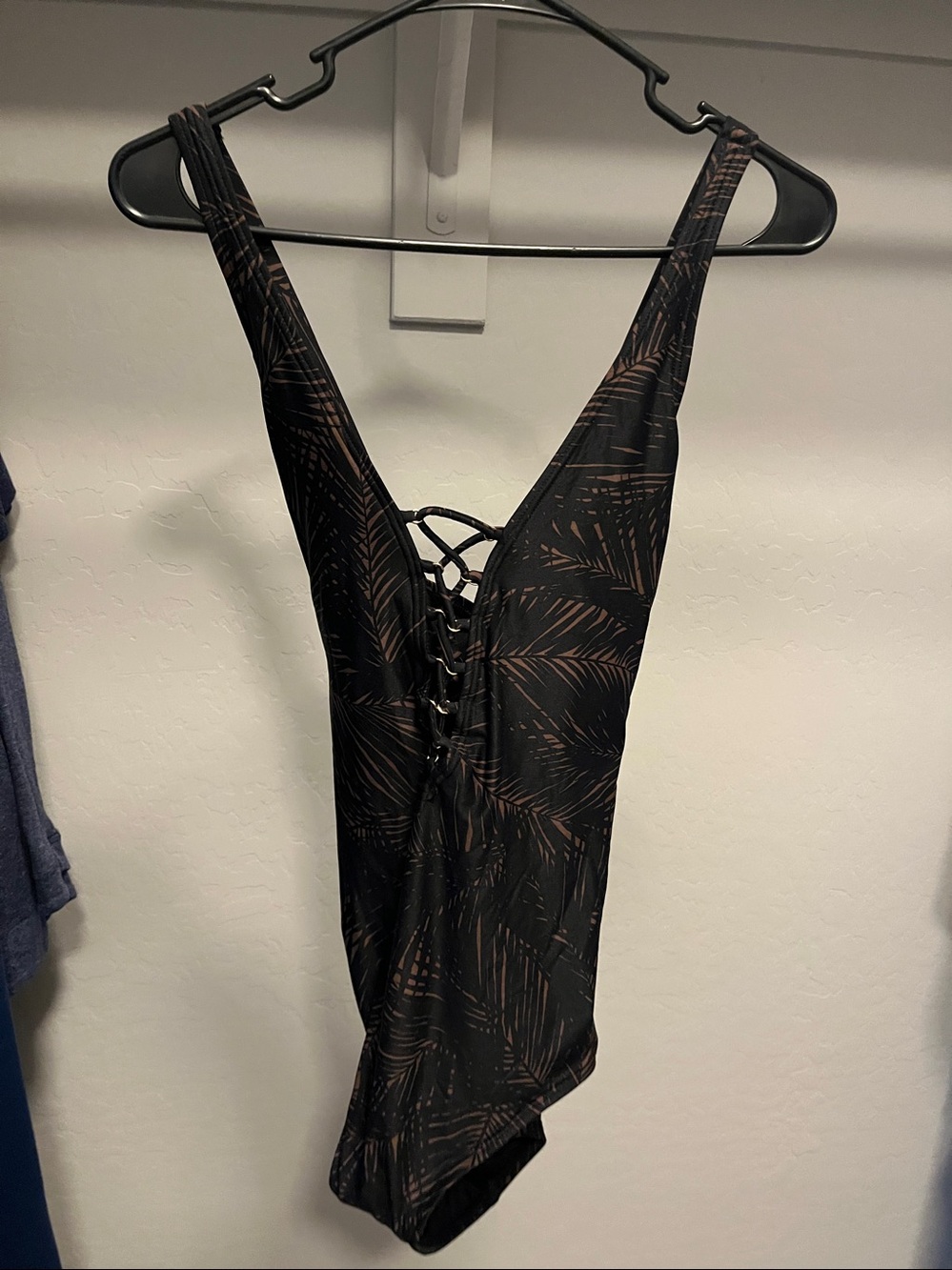 Michael Kors Black Palm-Print Lace-Up Deep V One-Piece